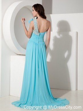 Aqua Empire One Shoulder Prom Dress with Chiffon Beading