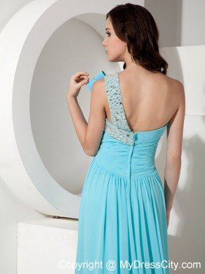 Aqua Empire One Shoulder Prom Dress with Chiffon Beading