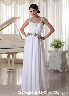 Beaded Decorate Straps White Chiffon Empire Prom Evening Dress