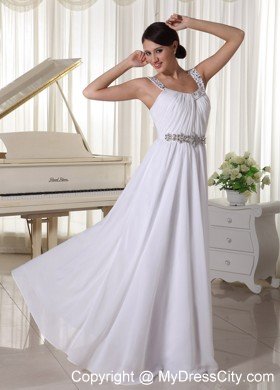 Beaded Decorate Straps White Chiffon Empire Prom Evening Dress