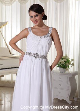 Beaded Decorate Straps White Chiffon Empire Prom Evening Dress