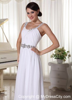 Beaded Decorate Straps White Chiffon Empire Prom Evening Dress