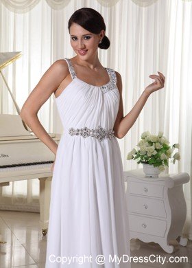 Beaded Decorate Straps White Chiffon Empire Prom Evening Dress