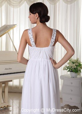 Beaded Decorate Straps White Chiffon Empire Prom Evening Dress