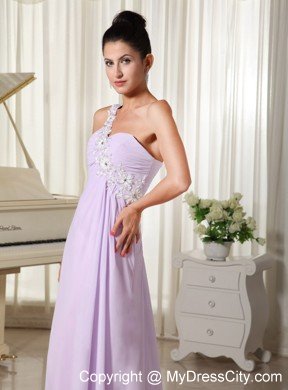 One Shoulder Chiffon Appliques Decorate Long Lilac Prom Gown