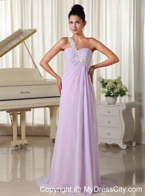 One Shoulder Chiffon Appliques Decorate Long Lilac Prom Gown