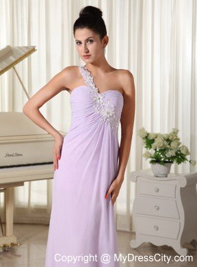 One Shoulder Chiffon Appliques Decorate Long Lilac Prom Gown