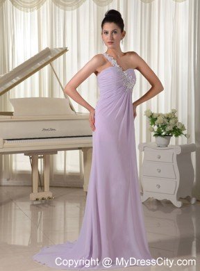 One Shoulder Chiffon Appliques Decorate Long Lilac Prom Gown