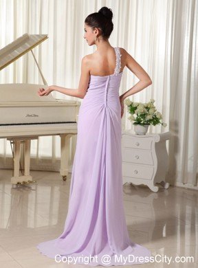 One Shoulder Chiffon Appliques Decorate Long Lilac Prom Gown