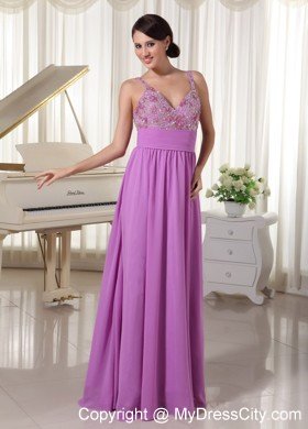 Spaghetti Straps Lavender Prom Party Dress With Beading