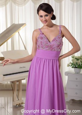 Spaghetti Straps Lavender Prom Party Dress With Beading