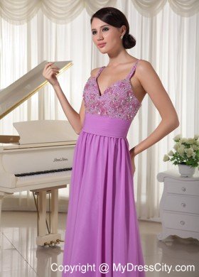 Spaghetti Straps Lavender Prom Party Dress With Beading