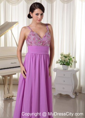 Spaghetti Straps Lavender Prom Party Dress With Beading