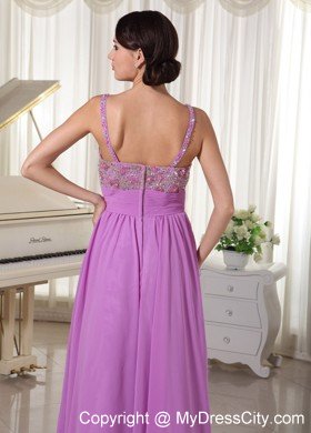 Spaghetti Straps Lavender Prom Party Dress With Beading