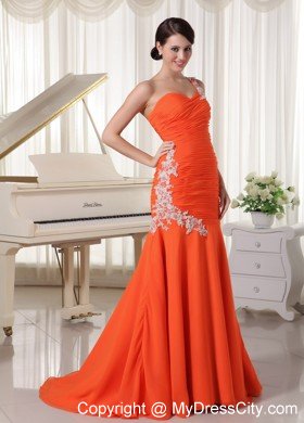 Appliques Chiffon Orange Red Prom Dress with Single Shoulder