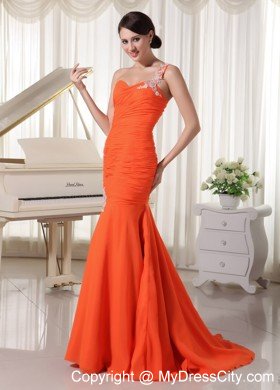 Appliques Chiffon Orange Red Prom Dress with Single Shoulder