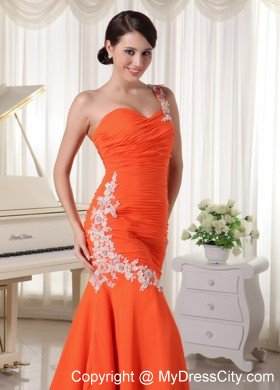 Appliques Chiffon Orange Red Prom Dress with Single Shoulder