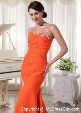 Appliques Chiffon Orange Red Prom Dress with Single Shoulder