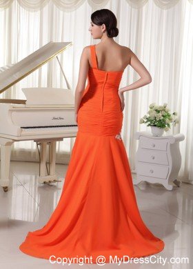 Appliques Chiffon Orange Red Prom Dress with Single Shoulder