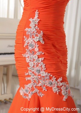 Appliques Chiffon Orange Red Prom Dress with Single Shoulder