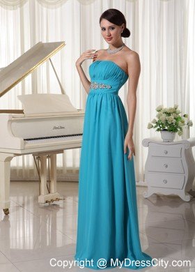 Beaded Decorate Waist Teal Chiffon Prom Dress With Brush Train