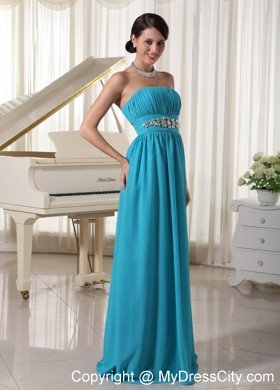 Beaded Decorate Waist Teal Chiffon Prom Dress With Brush Train