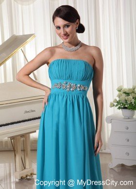 Beaded Decorate Waist Teal Chiffon Prom Dress With Brush Train