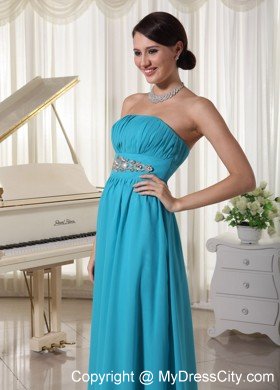 Beaded Decorate Waist Teal Chiffon Prom Dress With Brush Train