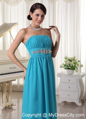 Beaded Decorate Waist Teal Chiffon Prom Dress With Brush Train