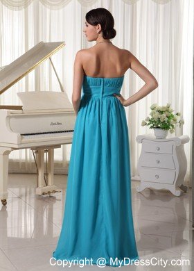 Beaded Decorate Waist Teal Chiffon Prom Dress With Brush Train