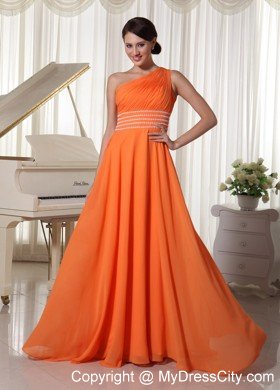 Orange Chiffon Beaded Decorate Waist One Shoulder Prom Dress