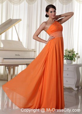 Orange Chiffon Beaded Decorate Waist One Shoulder Prom Dress