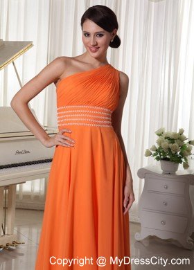 Orange Chiffon Beaded Decorate Waist One Shoulder Prom Dress