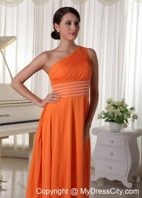 Orange Chiffon Beaded Decorate Waist One Shoulder Prom Dress