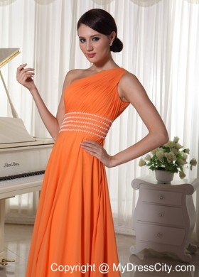 Orange Chiffon Beaded Decorate Waist One Shoulder Prom Dress