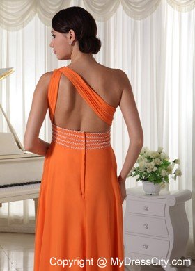 Orange Chiffon Beaded Decorate Waist One Shoulder Prom Dress