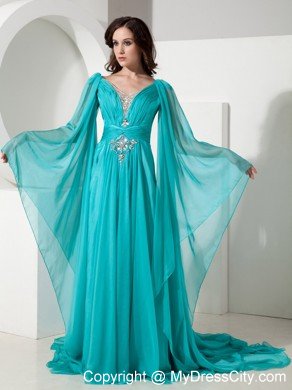 V-neck Court Train Chiffon Beading Prom Dress with Long Sleeves