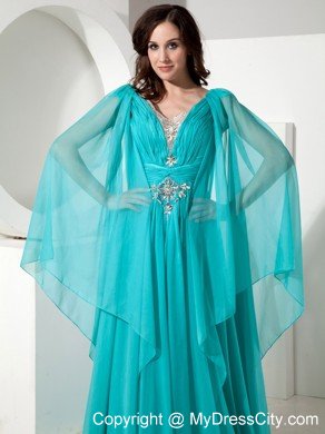 V-neck Court Train Chiffon Beading Prom Dress with Long Sleeves