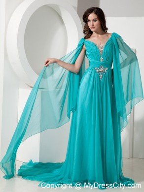 V-neck Court Train Chiffon Beading Prom Dress with Long Sleeves