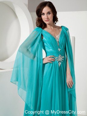 V-neck Court Train Chiffon Beading Prom Dress with Long Sleeves