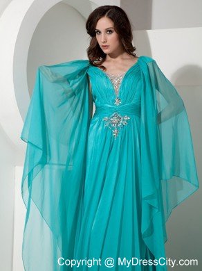 V-neck Court Train Chiffon Beading Prom Dress with Long Sleeves