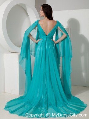 V-neck Court Train Chiffon Beading Prom Dress with Long Sleeves