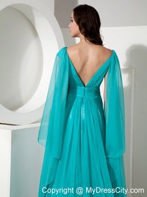 V-neck Court Train Chiffon Beading Prom Dress with Long Sleeves