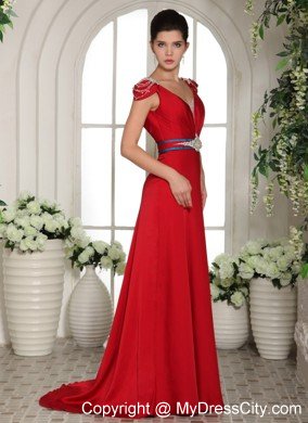 Red V-neck Beading Prom Evening Gowns With Cap Sleeves