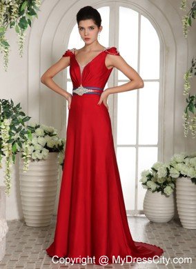 Red V-neck Beading Prom Evening Gowns With Cap Sleeves