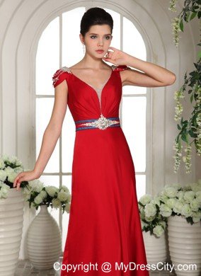 Red V-neck Beading Prom Evening Gowns With Cap Sleeves