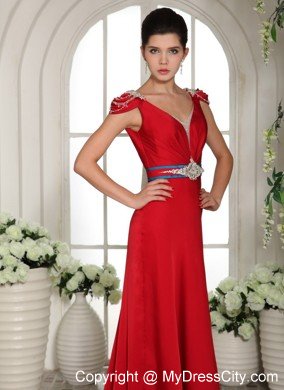 Red V-neck Beading Prom Evening Gowns With Cap Sleeves