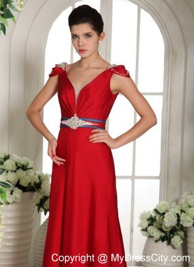 Red V-neck Beading Prom Evening Gowns With Cap Sleeves