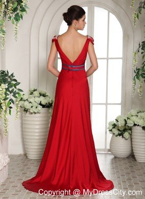 Red V-neck Beading Prom Evening Gowns With Cap Sleeves