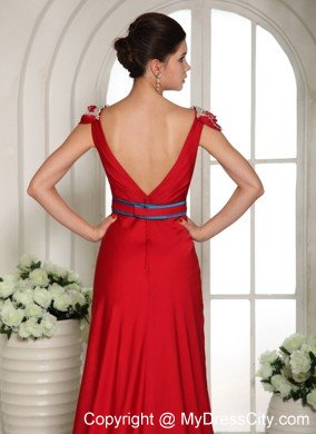 Red V-neck Beading Prom Evening Gowns With Cap Sleeves